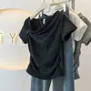 Camiseta Crop de Manga Corta Asimétrica Talla Grande para Chicas Gorditas Diseño Femenino Verano Nueva Llegada Cintura Ceñida Adelgazante Cubre Defectos Top Exterior
