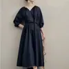 Vestido lavable de cintura alta 2026 otoño nuevo vestido camisa estilo japonés vestido largo holgado de manga de farol
