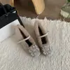 Sapatos Mary Jane Quadrados com Salto Grosso Estilo Francês e Strass para Mulheres, Novos Sapatos de Algodão com Forro de Lã Outono/Inverno 2025