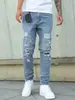 Jeans para hombre HME transfronterizos europeos y americanos, pantalones ajustados rectos elásticos de moda high street rotos y con parches para exportación
