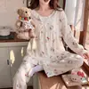 Pijama Nuvem de Algodão Estilo Princesa para Mulheres, Manga Longa e Calça para Primavera e Outono, Doce, Fofo, Fresco, Roupa de Casa com Gola Redonda para Estudantes