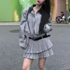 Traje Retro Americano Chica Caliente Chaqueta Corta con Solapa Chaqueta Holgada Falda Plisada de Doble Capa Falda de Cintura Alta Conjunto de Dos Piezas