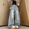 Pantalones vaqueros de pierna ancha, sueltos, de cintura alta, para mujer, con bordado de dibujos animados retro americano, diseño fino de verano