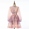 Vestido de Verano para Mujer Estilo Europeo y Americano con Adornos Pesados, Estampado de Pedrería, Falda Línea A, Cuello Alto de Marca Z, Cintura con Lazo, Vestido Corto Adelgazante