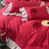 Romântico Francês Novo Casamento Algodão de Fibra Longa Manual Bouquet Bordado Renda de Algodão Puro Capa de Edredom Casamento Vermelho Dote Roupa de Cama