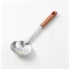 Espátula gruesa de acero inoxidable con mango largo, mango de madera para el hogar, espátula de cocina anti-quemaduras, espumadera, cuchara sopera, juego de espátulas para freír