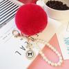 Bola de Pelo de Conejo Perezoso Imitación Cadena de Perlas Lazo Accesorios de Felpa Llavero Colgante Llavero de Bolso Colgante Pequeño Joyería