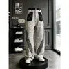 Jeans retrô americano com estampa de leopardo no bolso frontal, listras diagonais, unissex, caimento solto, perna larga, perna curva, calça comprida casual, moderno