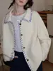 Cardigan de Lã 100% Tricotado à Mão com Cor Contrastante Iceland Blue Iceland'650G de Alto Peso para Mulheres