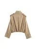 Fábrica de Origen Transfronteriza Gabardina Corta con Cuello Alto para Mujer Estilo Retro Casual Doble Botonadura Hombreras Manga Larga Cordón Elástico Fruncido Chaqueta