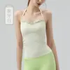 Top tipo camisola de cuello halter para mujer, estilo americano sexy de encaje, imitación de dos piezas, top de tirantes para yoga con copas fijas, ropa de fitness