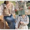 Primavera y Otoño Nuevo Cuello Calado Crochet Bordado Camisa Tejida Camisa de Manga Larga Ajustada Corta Chica