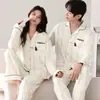 Pijama 100% Algodão para Mulheres e Casais, Outono e Inverno, Manga Longa, Calça Longa, Cardigã, Gola Lapela, Desenho Animado, Solto, Conjunto para Casa, Pode Ser Usado Fora