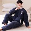 Pijama de inverno masculino, acolchoado de veludo de leite, cardigan de manga comprida com três camadas espessadas e zíper, roupa de casa de veludo jacquard simples