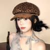 Estilo Hot Girl Millennial Boina Estampado de Leopardo para Mujer Sombrero Octagonal Retro Americano Circunferencia de Cabeza Grande Revelando la Cara Pequeño Sombrero de Periódico de Pintor
