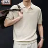 Camiseta de Manga Corta Transpirable Minimalista de Lino Lyocell con Cuello de Gaviota Tejida, Estilo Old Money, Top Casual de Alta Gama para Hombre