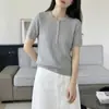 Estilo novo de verão algodão puro manga curta tricô seis botões retrô trança meia-abertura gola redonda suéter simples fino para mulheres