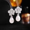 S925 prata agulha folha elegante elegante francês corte estilo brincos de moda flor gota brincos de pérola