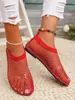 Cross-Border Large Size Sandals for Women 2026 New Independent Station Fishnet Socks Cut Out Low Heel Rhinestone Flat Sandals for Women