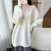 Estilo Otoño e Invierno Suéter Grueso 100% Lana Cuello en V Longitud Media para Mujer Estilo Perezoso Prendas de Punto Holgadas Ropa de Abrigo Top
