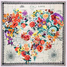 Nueva bufanda cuadrada grande con diseño de mapa del mundo floral de amor de seda de sarga de 130 cm x 130 cm para otoño e invierno