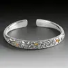 Pulseira Artística de Prata Vintage, Prata Pura 999.9, Pulseira de Peônia, Design Aberto, Estilo Antigo, Bracelete de Prata Embossado
