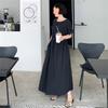 Vestido de verão vintage nicho simples cor sólida cintura solta manga bufante longa costura vestido feminino
