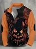 Camisa polo única para hombre con estampado de calabaza, cuello camisero y media cremallera, top de manga larga color block vintage desgastado