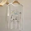 Camiseta de manga larga de Tencel con estampado de dibujos animados, juvenil y fresca, estilo coreano, para mujer, transpirable, cómoda, corte holgado, top de verano, camisa para aire acondicionado
