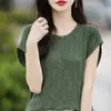 Verano ligero transpirable simple cuello redondo tejido de ochos algodón puro manga corta mujer estilo coreano moda versátil top de punto camiseta chaleco