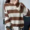 Primavera 2026 Nuevo Algodón Puro Cuello Redondo Retro Estilo Coreano Manga Larga Calado Holgado Versátil Bloque de Color Raya Tejido de Punto Mujer