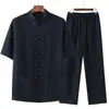 Conjunto de Roupas para Homens de Meia-Idade e Idosos, Traje Tang, Hanfu Masculino de Seda Gelada de Manga Curta, Roupa de Verão para o Pai, Roupa de Estilo Chinês para o Avô, Roupa para Idosos