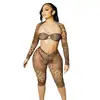 D9737 Moda Caliente Europea y Americana para Mujer Amazon Estampado de Leopardo Manga Larga Chal Transparente Traje de Tres Piezas