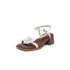 Sandalias Elegantes Francesas Trenza de Camelia Trenzada Tacón Grueso Tacón Medio Punta Cuadrada Punta Abierta Hebilla para Mujer Verano 2025