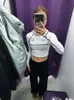 Estilo Americano Top Cruzado Estilo Motociclista Transfronteiriço Garota Popular Manga Longa Camiseta Feminina Design Color Block Cintura Cropped Ajuste na Cintura Estampa de Letras