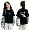 Camiseta de manga larga de algodón puro para niñas, top base elegante y moderno para niños, adecuada para primavera y otoño de 2026, con un diseño de imitación de dos piezas
