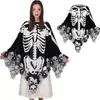 Vestido de Fiesta de Halloween Disfraz de Encaje Calavera Capa Día de Muertos Capa para Mujer Estante de Huesos Impresión Digital Chal
