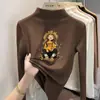 Camiseta base de forro polar con estampado de dibujos animados para niños, camiseta de cuello semi-alto de otoño e invierno para niñas, camiseta de manga larga de otoño e invierno para bebé, ropa para niños
