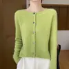 26 Outono/Inverno 100% Lã Pronto para Vestir Cardigã de Gola Redonda para Mulheres, Versátil Casaco de Lã de Manga Longa, Peça de Roupa Externa de Cor Sólida