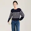 2613706-18malha integrada sem costura de 18 pontos com padrão floral, gola redonda, mangas compridas, listrada, suéter de malha versátil para o início do outono, Nanyou