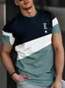 Amazon 2025 Verão Nova Camiseta Casual Masculina Versátil Moda Combinação de Cores Estampada Manga Curta Gola Redonda