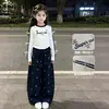 Conjunto de Camiseta de Manga Larga para Niñas, Nuevo Estilo de Otoño para Niños Mayores, Elegante Camiseta Básica de Manga Larga y Pantalones de Pierna Ancha, Conjunto de Dos Piezas para Niñas