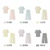 Dropshipping Conjunto de Pijama Feminino Soltinho com Calça Capri, Seda Gelada, Gola Redonda, Blocos de Cor, Bolsos, Roupa de Casa com Sutiã Embutido