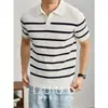 Camisa Polo Tejido Camiseta de Manga Corta para Hombre Cuello Camisero Cuello en V Cuello de Gaviota Rayas Estilo Old Money Verano Transfronterizo Fábrica Venta al por Mayor