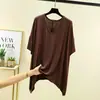 Camiseta Holgada de Cuello V Asimétrica con Manga Tres Cuartos Verano Delgada de Modal Talla Grande Top de Media Manga Color Sólido Camisa Básica