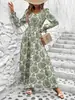 Vestido Versátil Feminino Amazon Moda Outono Decote V Mais Vendido no AliExpress com Barra Larga e Mangas Longas Estampadas