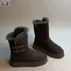 Botas de Nieve Grises Integradas de Piel Genuina y Piel Sintética para Mujer, Invierno, Suela Gruesa Antideslizante, Aterciopeladas Engrosadas, Cálidas, Botines Grandes de Algodón del Noreste