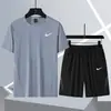 Conjunto de Shorts de Corrida de Manga Curta de Verão para Homens Peça Dupla Seda Gelada Respirável Secagem Rápida Roupa Terno Esportivo de Basquete Pena para Homens
