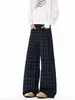 Pantalones de cuadros de longitud extendida 190 para hombres altos, pantalones casuales de pierna ancha, estilo casual, pantalones rectos hasta el suelo, negro oscuro y azul