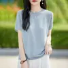 Camiseta Elegante Levemente Madura de Linho de Gelo Malha Sem Costura Manga Curta Feminina Verão Solta Fina Emagrecedora Mangas Curtas Levemente Franzidas Top de Temperamento